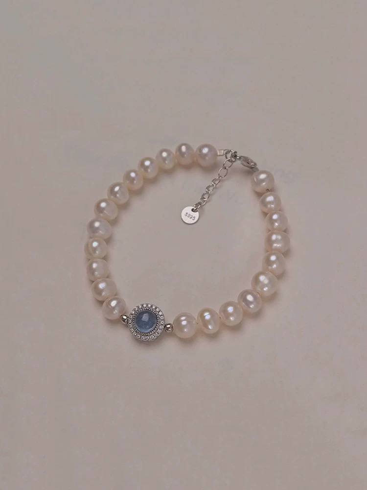 ✨ Natural Aquamarine & Sterling Silver Pearl Bracelet
