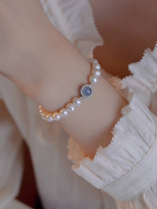 ✨ Natural Aquamarine & Sterling Silver Pearl Bracelet